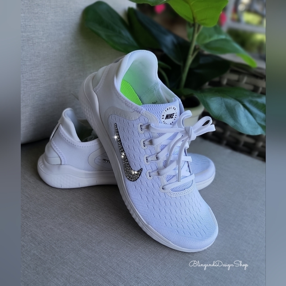 Bling Nike Free RN 2018 White Sneakers Customized with Crystal Rhinestones - Picture 4 of 4